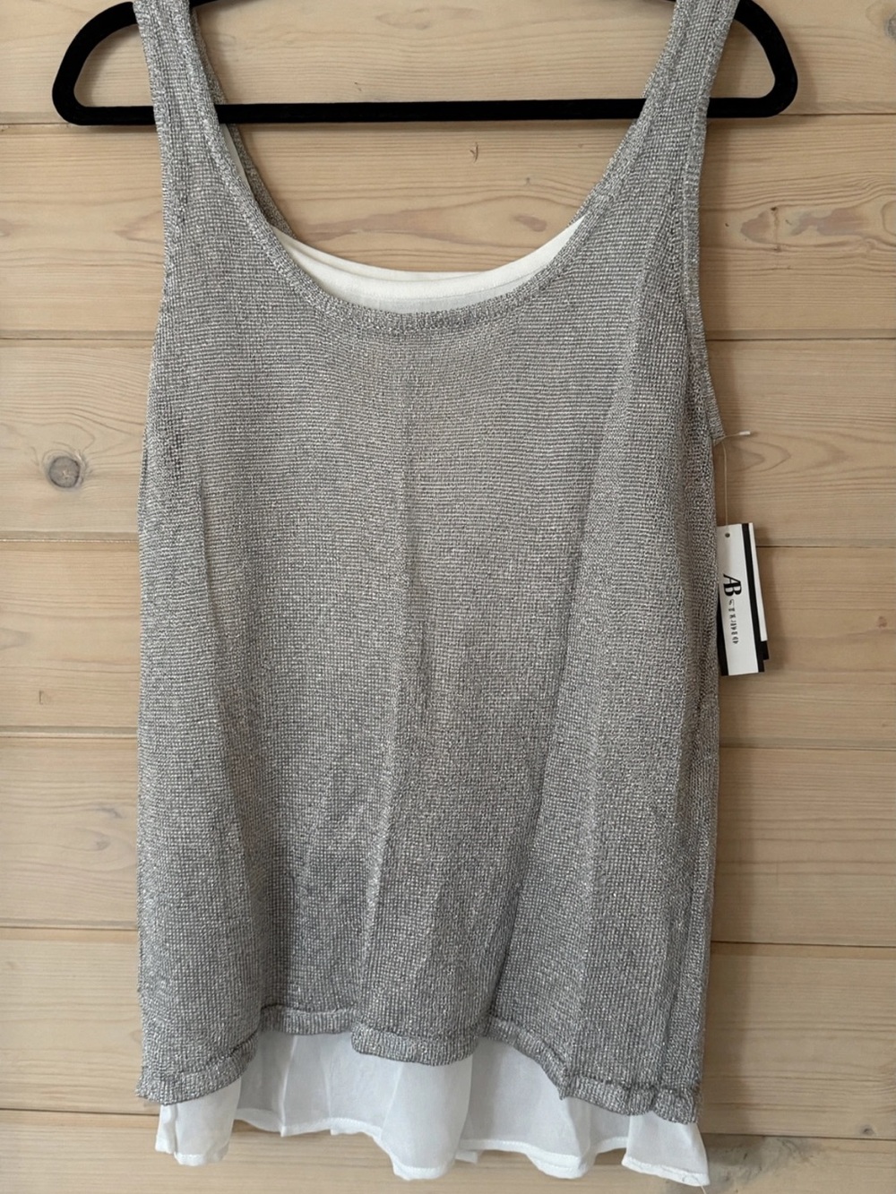 AB Studio Silver Knit Layered Tank with White Hem